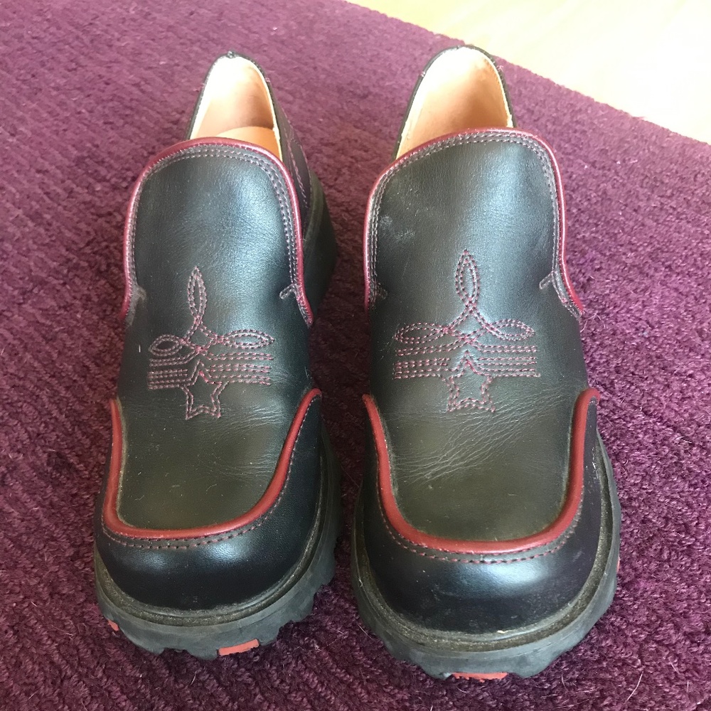 Almost New Fluevog Black Loafers with Red Trim
